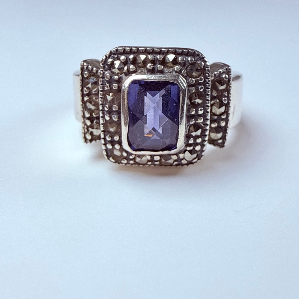 Tanzanite Glass Gemstone Marcasite Art Deco Revival Sterling Silver 925 VTG Ring